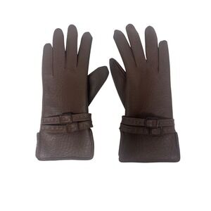 VTG LADIES BROWN FAUX LEATHER GLOVES Sz 7.5-9 buckles double stitch Sherpa lined